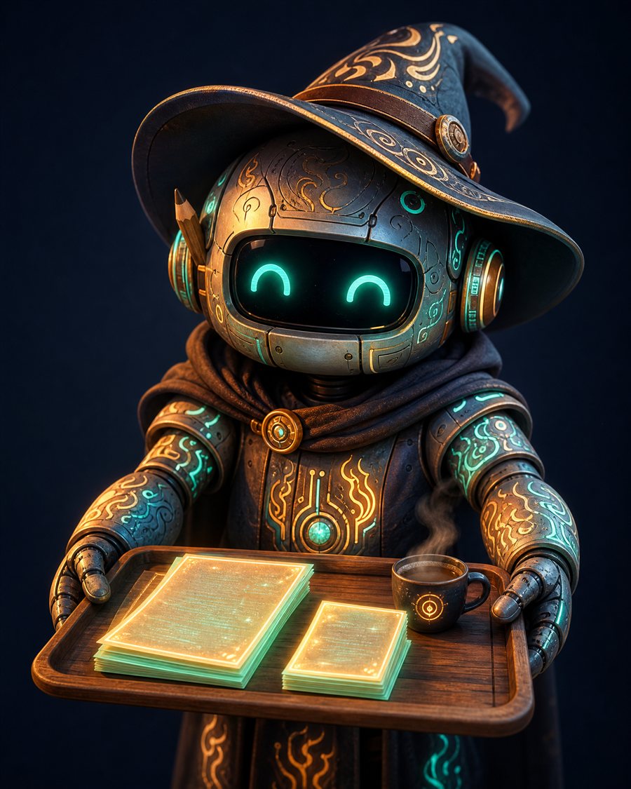 A robot wizard presenting a tray of finished morning work