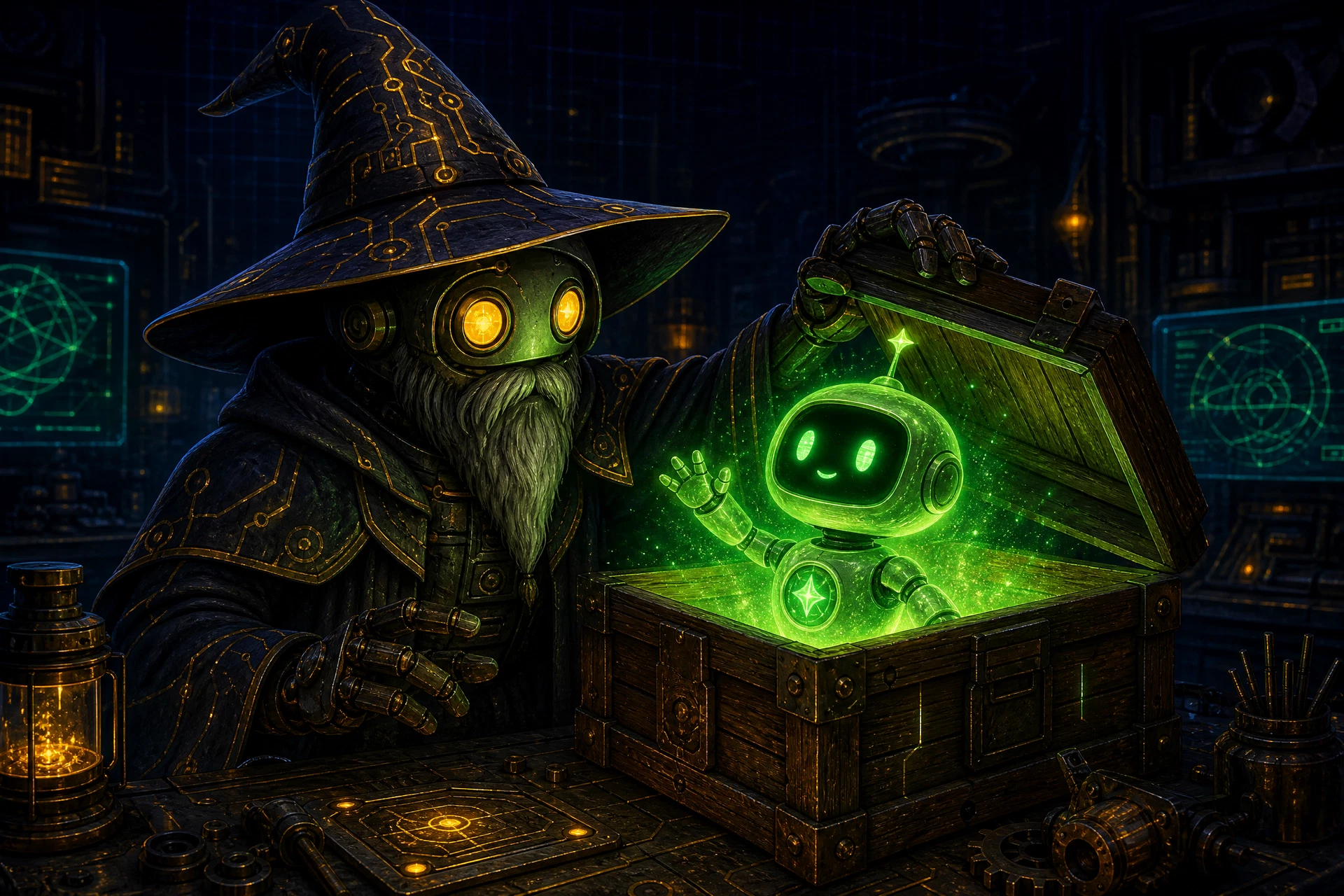A robot wizard opening a crate with a small glowing agent stepping out